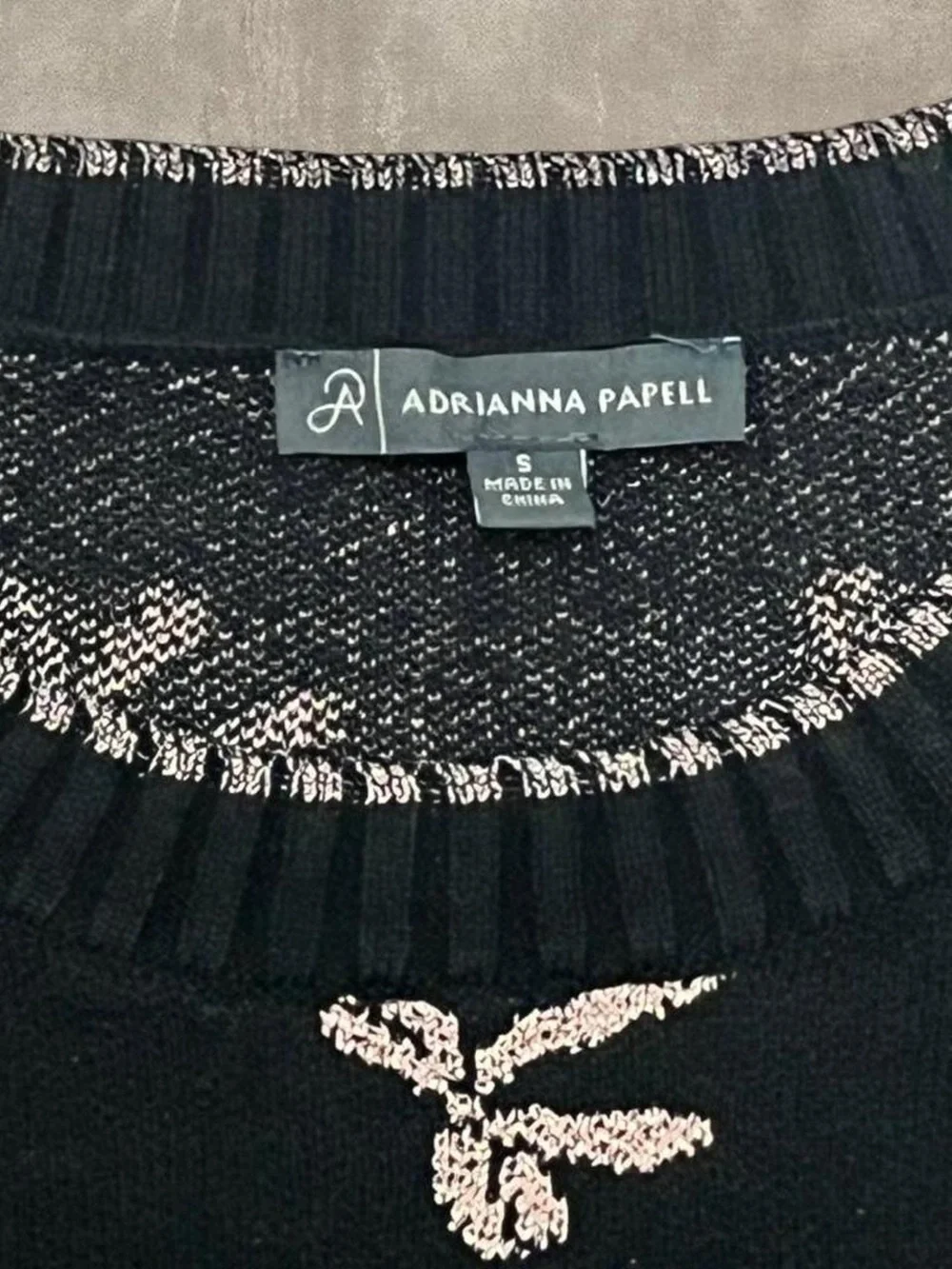 Adrianna Papell Sweater Womens S Black Bow Print Knit Crewneck Long Sleeve